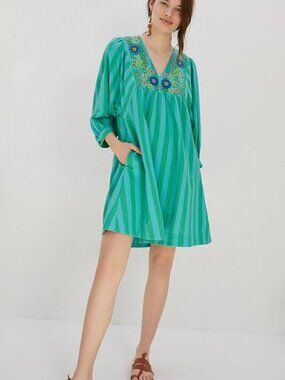 Anthropologie Green Striped Embroidered V-Neck Mini Dress